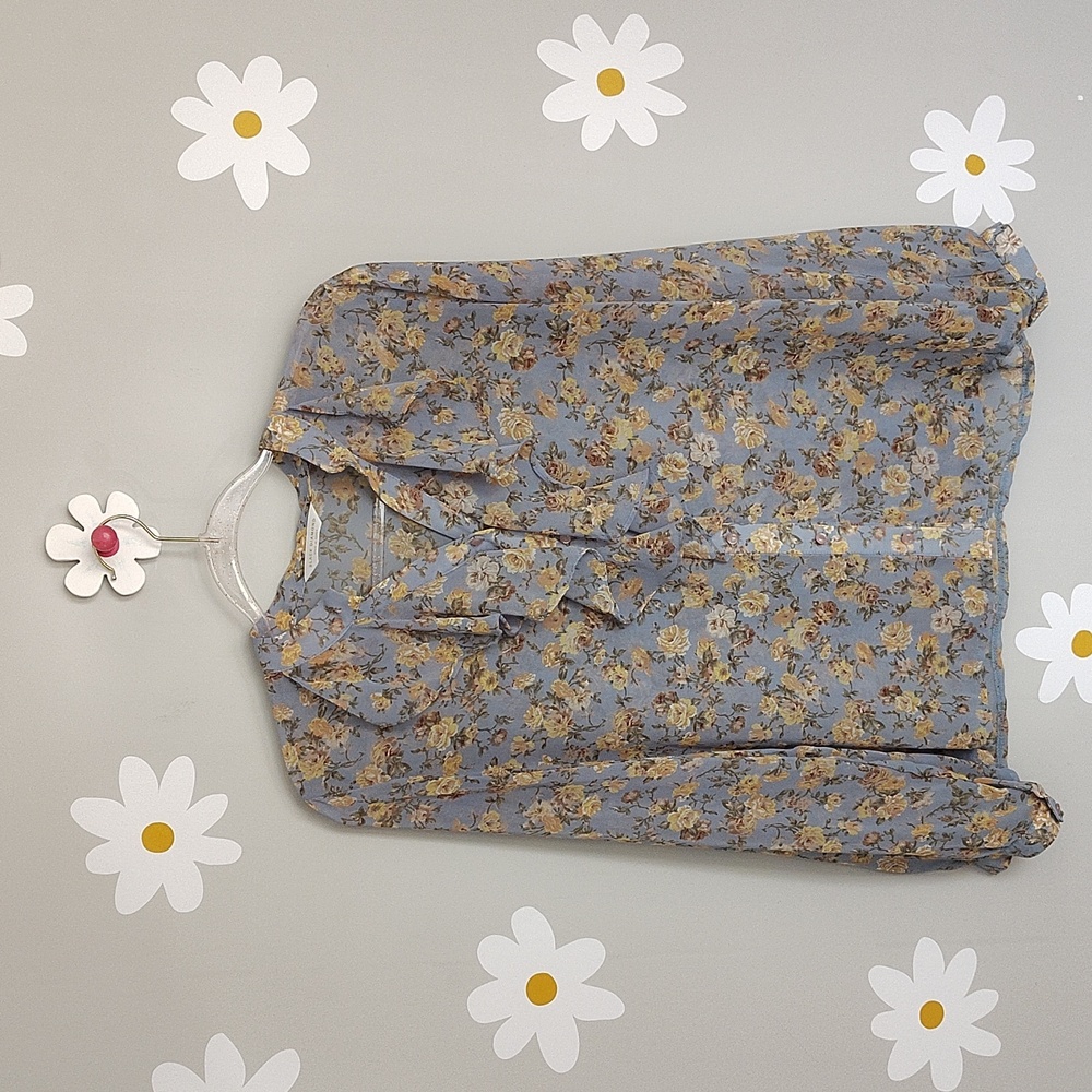 Black Diamond Made In Korea Light Blue Yellow Floral Sheer Ruffle Button Blouse